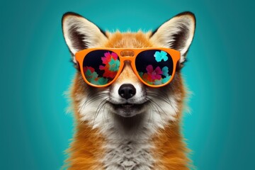 Portrait of smiling happy fox wearing fashionable sunglasses  and looking at camera on monochrome background. Funny, cute photo of animal looks like a human on trend poster. Zoo club 