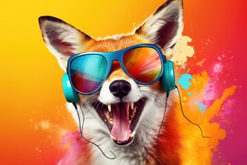 Portrait of smiling happy fox wearing fashionable sunglasses , headphones and looking at camera on monochrome background. Funny, cute photo of animal looks like a human on music poster. Zoo club 