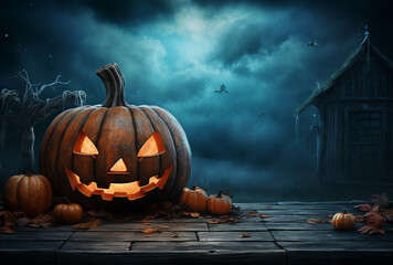 Halloween wallpaper with copy-space | Blue background with an orange pumpkin and copyspace | Dark scary horror wallpaper for Halloween festival