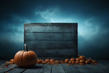 Halloween wallpaper with a blank wooden board, pumpkins and copy-space | Blue dark night background with an orange pumpkin and copyspace | Dark scary horror wallpaper for Halloween festival