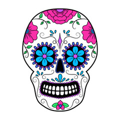 Day of The Dead colorful Skull with floral ornament. Mexican sugar skull. Illustration on transparent background