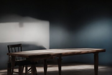 Empty 3D wooden table and chair, grey-black background with a cinematic spotlight. Product commercial display.