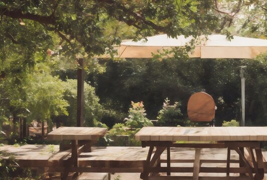 Realistic cinematic 3D wooden table and chair in a green garden in the morning.