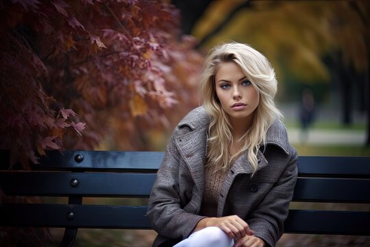 Gorgeous Blue-eyed Blonde Woman Sitting Sadly On A Park Bench In Autumn.