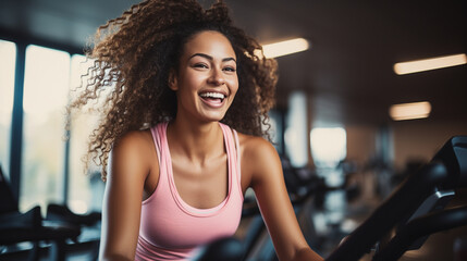Fototapeta premium Perspiring African-American woman working out on an indoor stationary cycling bike. Generative AI