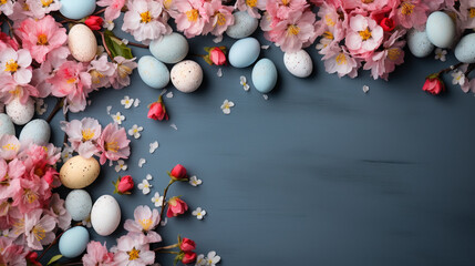 Easter-themed banner backdrop adorned with decorative Easter eggs and blossoming spring flowers. Wishing you a joyful Easter morning. Ample space for your message Generative AI