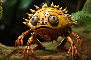 Yellow crab with big eyes and spikes stands on a rock. - obrazy, fototapety, plakaty
