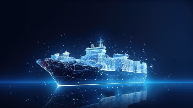 Worldwide cargo ship. Polygonal wireframe mesh art looks like constellation on dark blue night sky with dots and stars. Transportation, logistic, shipping concept illustration.generative ai