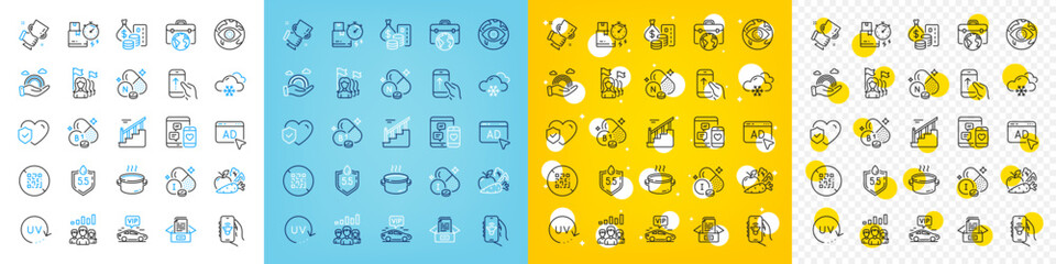 Vector icons set of Uv protection, Iodine mineral and Music app line icons pack for web with Ad, Delivery time, Stairs outline icon. Ph neutral, Cyber attack, Thiamine vitamin pictogram. Vector