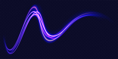 High speed effect motion blur night lights blue and red. Magic shining neon light line trails. Luminous bright background. Purple glowing wave swirl, impulse cable lines. Long time exposure. Vector