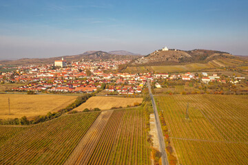 Beautiful Czech and Moravian town Mikulov, centre of wineyard region in the south of the Czech republic near Austria border, Chapel of St. Sebastian on the Svatý Kopeček Hill.