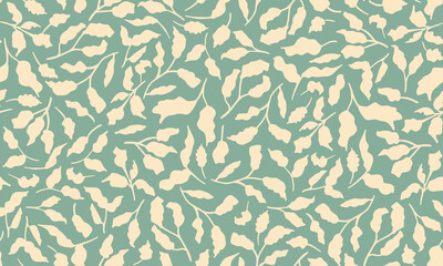 Sage green botany seamless repeat pattern. Random placed, vector leaves all over surface print.
