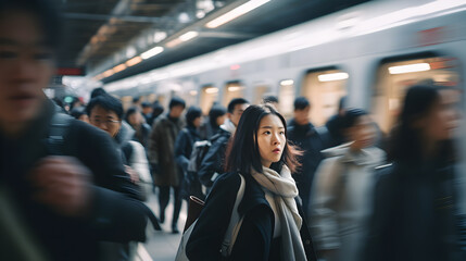 Capture the bustling scene during rush hour, with commuters tightly packed into a train or bus, absorbed in their own thoughts