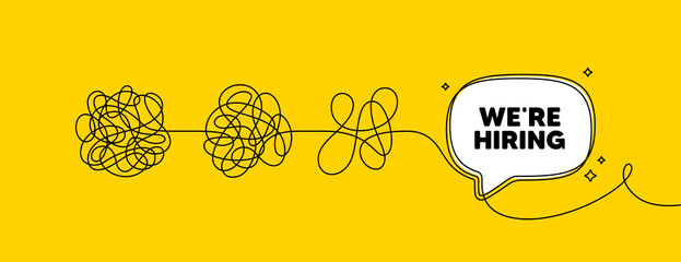 We are hiring tag. Simplify complex process with speech bubble. Recruitment agency sign. Hire employees symbol. Hiring speech bubble message. Tangle chaos. Easy solution. Vector