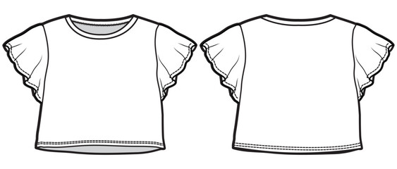 Baby girl flutter sleeve T Shirt design flat sketch fashion illustration drawing template mock up with front and back view. Toddler baby girl butterfly sleeve crop top T shirt cad vector template © Fathima Flats