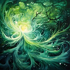 The lively green color weaves through the burst, connecting the different elements