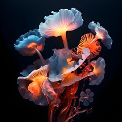 Beautiful mushrooms and flowers glowing in the dark