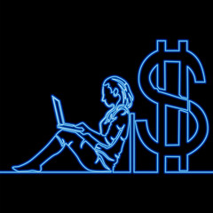 Continuous line drawing woman uses a laptop Work from home, freelancer icon neon glow vector illustration concept