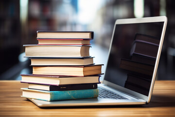 Stack of books with laptop on wooden table, back to school concept