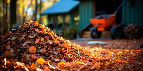 pile of crunchy fall leaves with rakes and a garden shed in the background, Fall yard work, Fall - obrazy, fototapety, plakaty