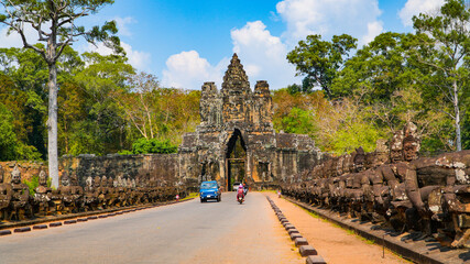 Ancient ruins Thom Bayon temple - famous Cambodian landmark, Angkor Wat complex of temples. Siem...