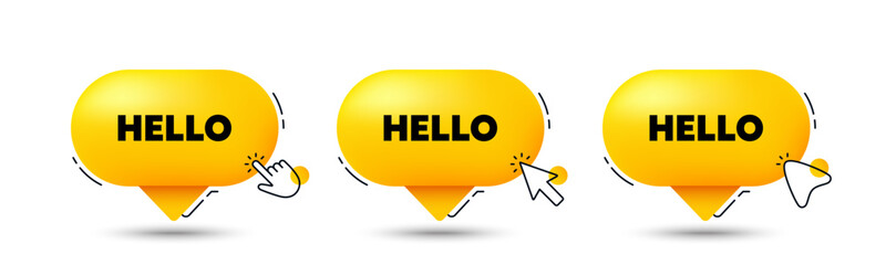 Hello welcome tag. Click here buttons. Hi invitation offer. Formal greetings message. Hello speech bubble chat message. Talk box infographics. Vector