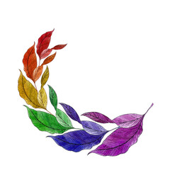 Hand drawn watercolor leaves garland. Rainbow coloring