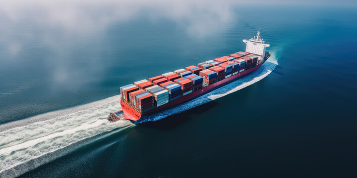 photo of Aerial top view of cargo maritime ship with contrail in the ocean ship carrying container and running for export concept technology freight shipping by ship forwarder mast