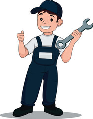 motor mechanic wearing an overall holding a Wrench on hand smiling vector illustration, repairman technician holding a tool and thumbs up vector image