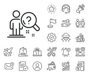 Interview candidate sign. Salaryman, gender equality and alert bell outline icons. Search employee line icon. Question mark symbol. Search employee line sign. Spy or profile placeholder icon. Vector