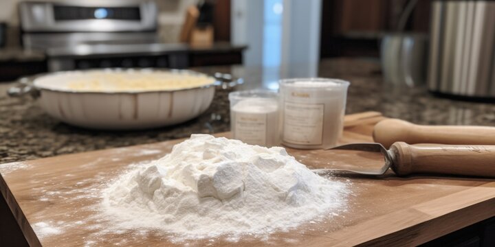 The Snowy White Powder of Flour Dusted Over the Counter, generative AI