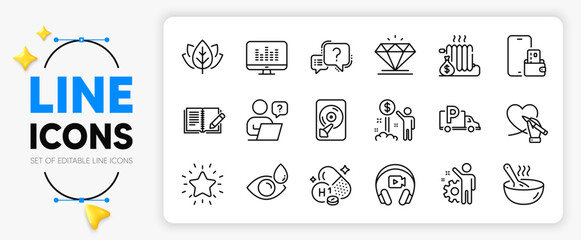 Online question, Truck parking and Diamond line icons set for app include Vitamin h1, Income money, Music making outline thin icon. Cook, Organic tested, Radiator pictogram icon. Hdd. Vector