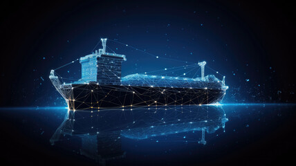Worldwide cargo ship. Polygonal wireframe mesh art looks like constellation on dark blue night sky with dots and stars. Transportation, logistic, shipping concept illustration