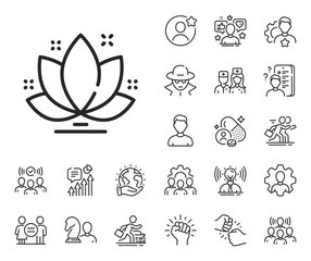 Yoga meditation flower sign. Specialist, doctor and job competition outline icons. Lotus line icon. Mind relax and peace symbol. Lotus line sign. Avatar placeholder, spy headshot icon. Vector