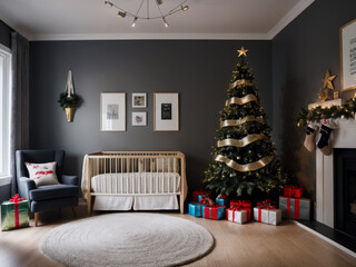 Wide-shot photo of a cozy children's room with a lot of Christmas decoration. Interior design.