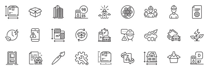 Fototapeta na wymiar Icons pack as Co2, Open box and Skyscraper buildings line icons for app include Builder warning, Package size, Eco power outline thin icon web set. Brush, Technical documentation. Vector