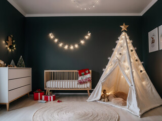 Wide-shot photo of a cozy children's room with a lot of Christmas decoration. Interior design.