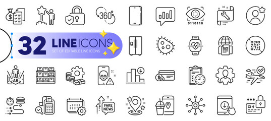 Outline set of Lock, Accounting wealth and Internet documents line icons for web with Scroll down, Fake news, Cardio training thin icon. Cyber attack, 360 degree. Design with yellow 3d stars. Vector