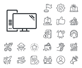 PC component sign. Salaryman, gender equality and alert bell outline icons. Computer line icon. Monitor with case symbol. Computer line sign. Spy or profile placeholder icon. Vector