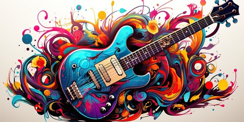 AI Generated. AI Generative. Draw paint sketch watercolor muisc guitar with color splash. Graphic Art - obrazy, fototapety, plakaty