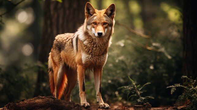 Red wolf in nature in the forest. Canis rufus is a rare animal. Save the red wolf. Wide photo. Photo Ai generated