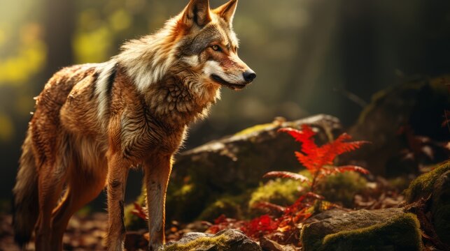Red wolf in nature in the forest side view. Canis rufus is a rare animal. Save the red wolf. Wide photo. Photo Ai generated
