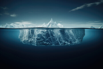 Fototapeta na wymiar Iceberg with hidden part under water in ocean. Concept of global warming. Hidden threat and danger