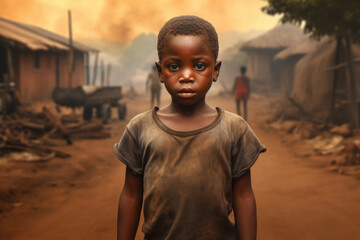 Portrait of African boy in traditional village. Black boy looks in camera with sad emotion. Problem...