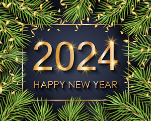 2024 Happy New Year and Merry Christmas background with fir tree branches and gold confetti. Vector illustration.