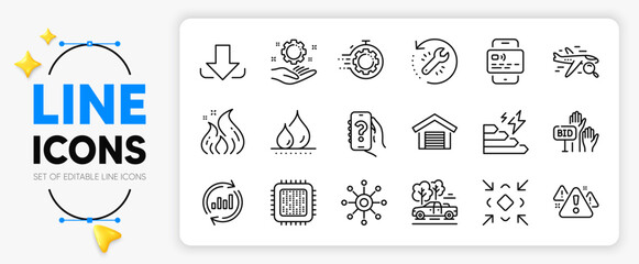 Card, Bid offer and Recovery tool line icons set for app include Consumption growth, Minimize, Seo timer outline thin icon. Cpu processor, Update data, Employee hand pictogram icon. Vector