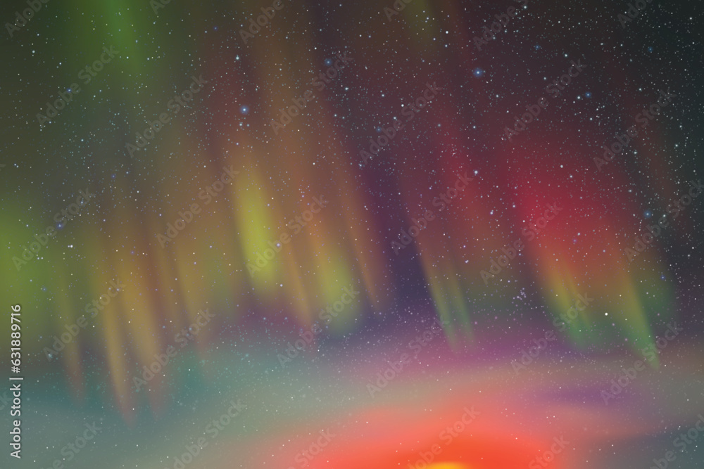 Sticker red green aurora borealis. night starry sky and colorful polar lights