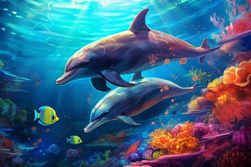 Obraz na płótnie Canvas Dolphins swimming in the ocean. 3D rendering. Underwater world. Generative AI.