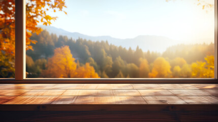 Naklejka na ściany i meble Empty wooden table with autumn landscape banner. Selective focus on tabletop. 