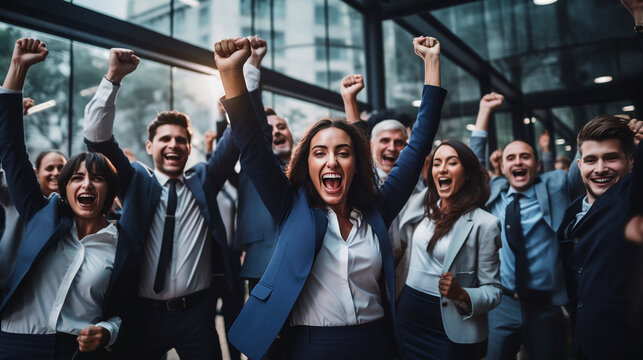 Business People Celebrating and Smiling in a Group After Successful Milestone